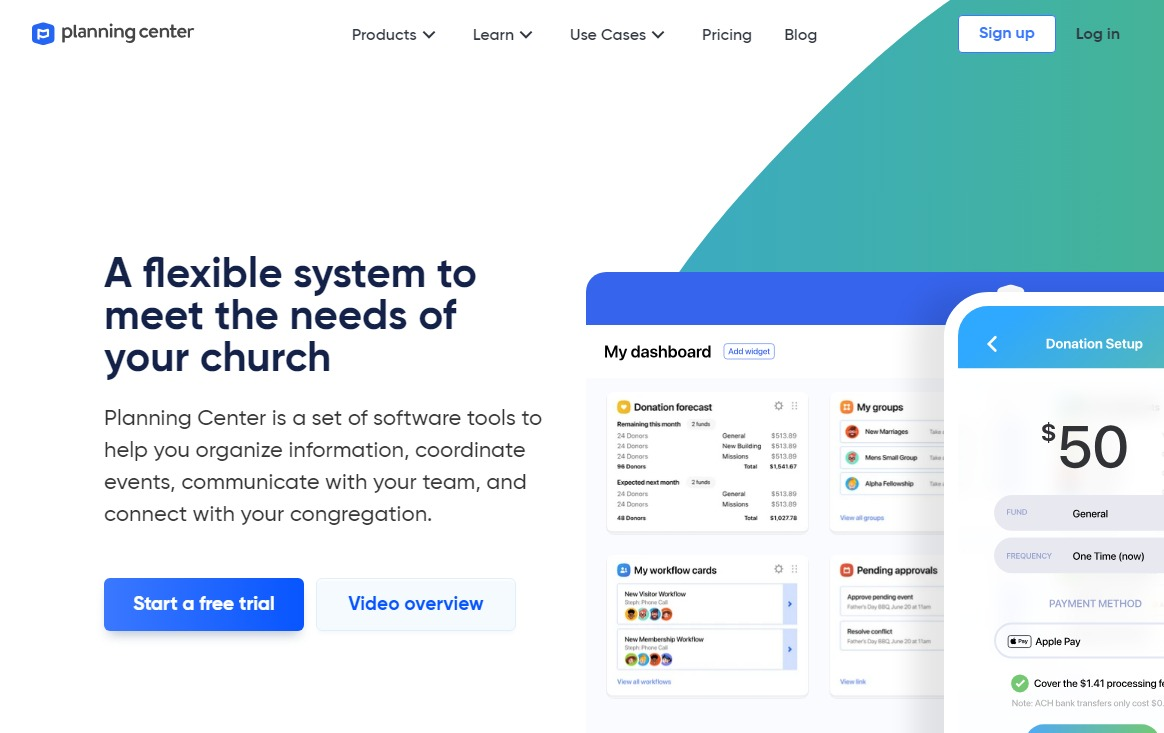 A computer screen with Planning Center's comprehensive features