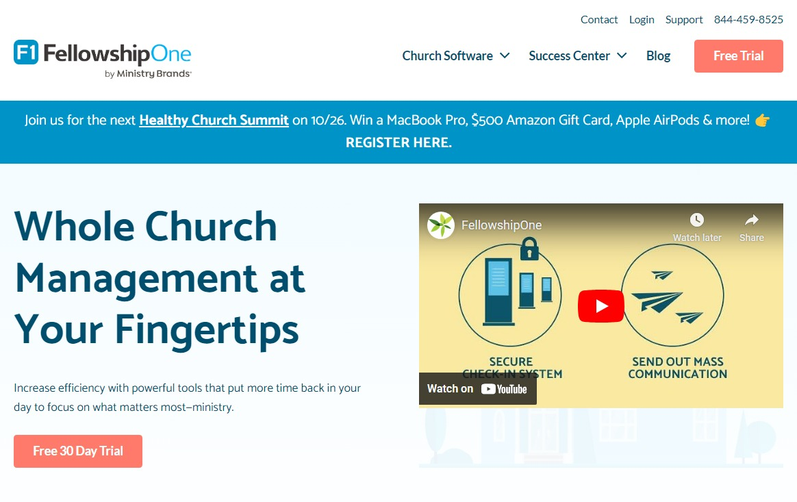 A computer screen with FellowshipOne's large church features
