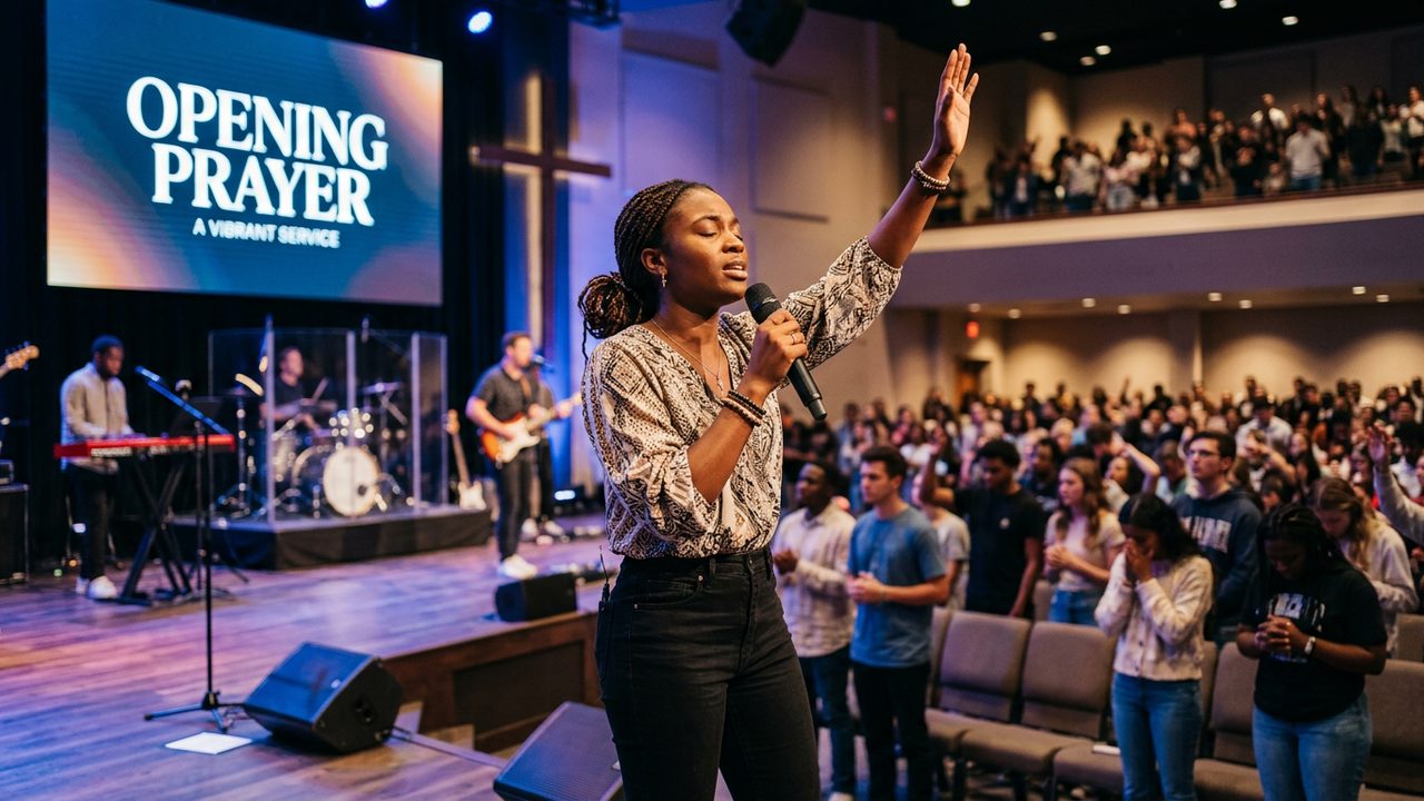 Pastor leading opening prayer at church service
