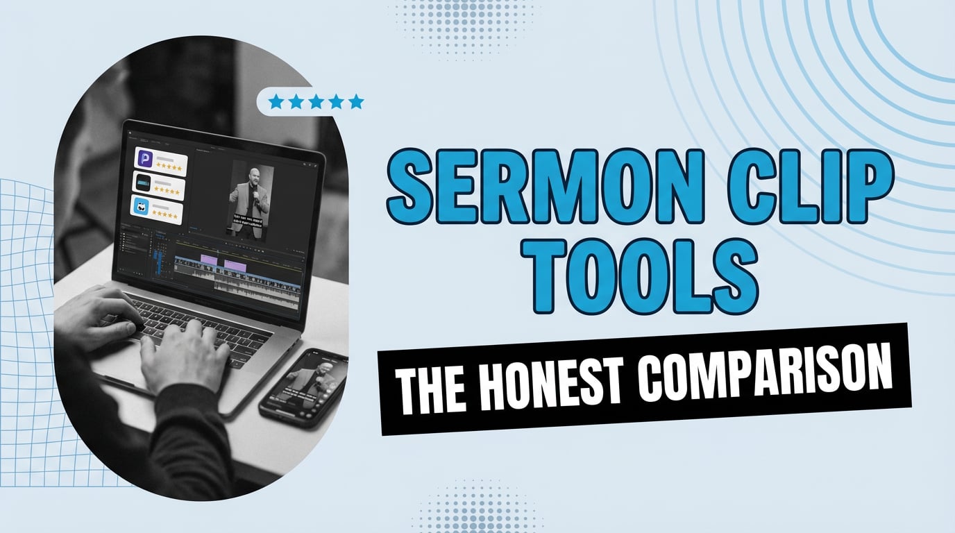 Pastor reviewing sermon clip software options on laptop at church office desk