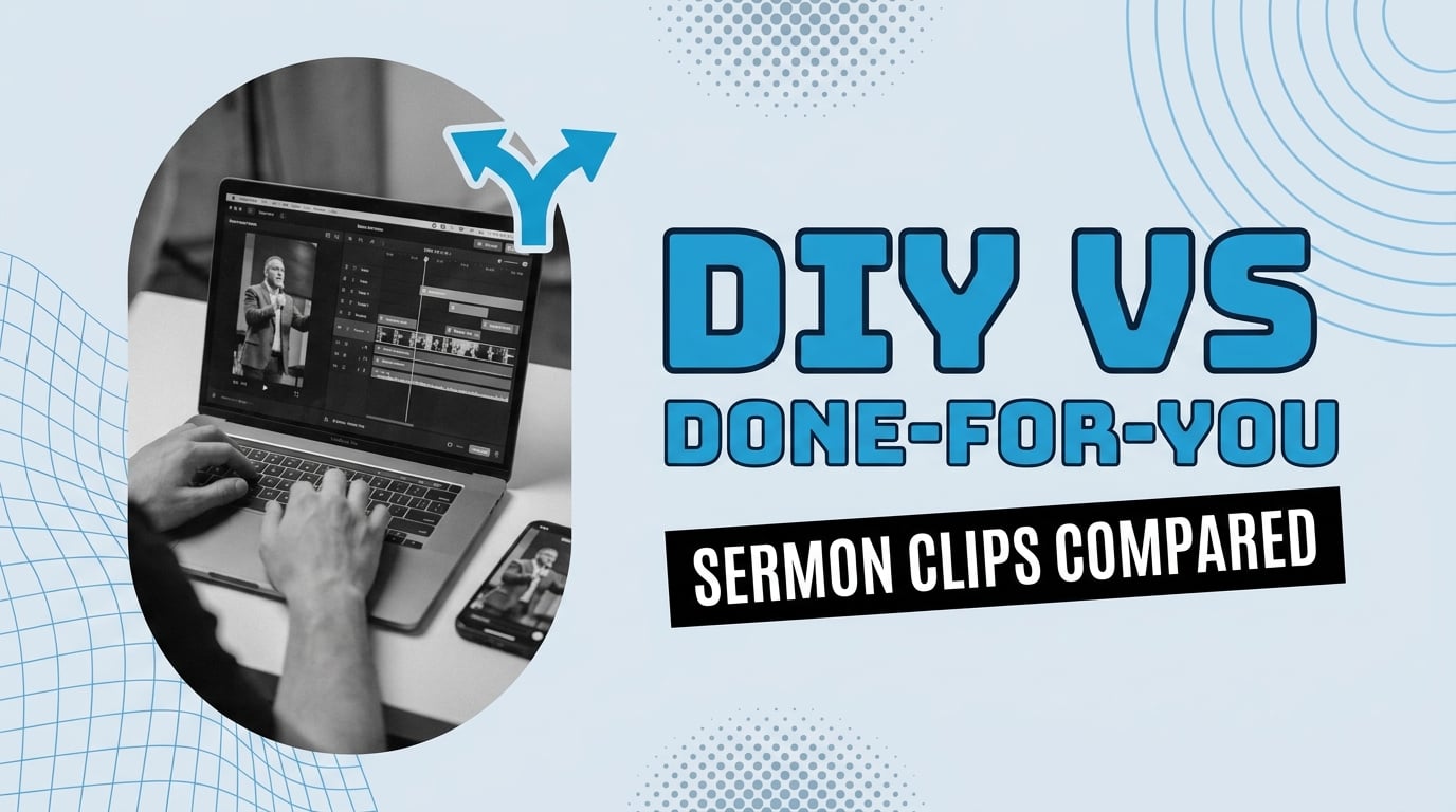 Split-screen comparison of a church volunteer editing sermon clips at a laptop versus a delivered clip on a phone screen
