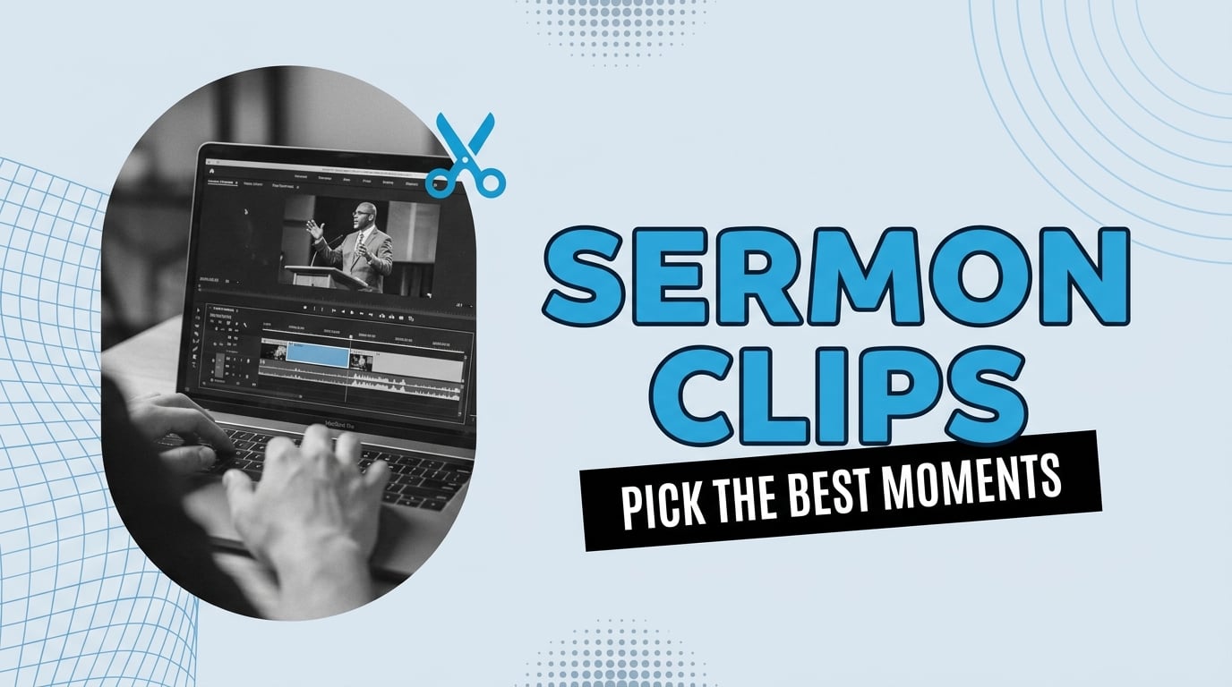 Pastor preaching with overlay showing clip in-point and out-point markers