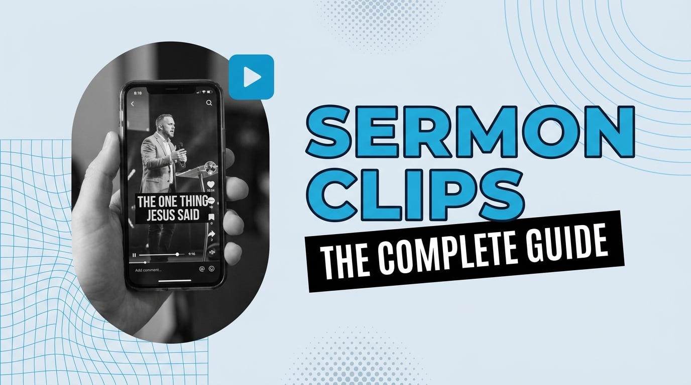 Pastor preaching with three vertical sermon clip previews overlaid, showing captions and branded lower thirds