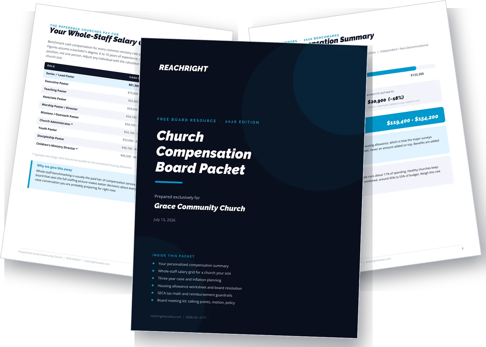 Preview of the 12-page Church Compensation Board Packet: dark cover with two personalized benchmark pages fanned behind it